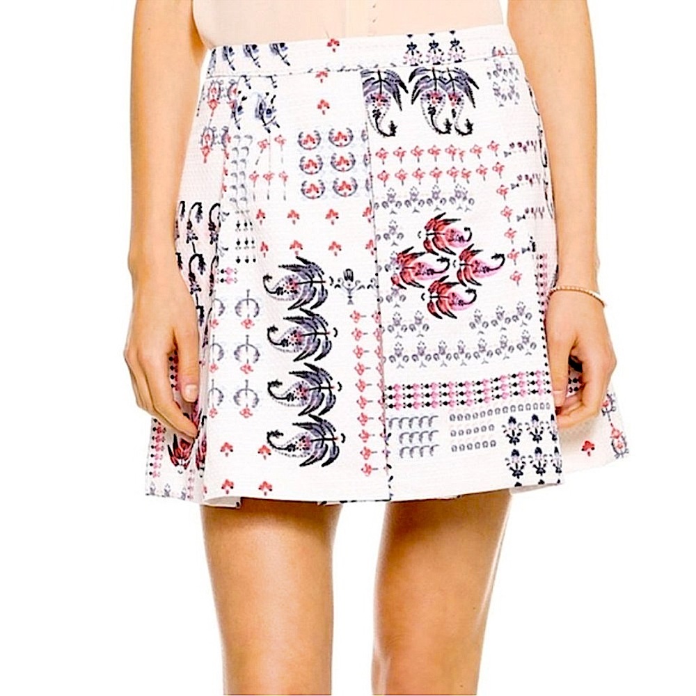 Club Monaco Floral Paisley Printed Box Pleat Mini Skirt Size 2 Cream/Navy/Red - Picture 1 of 10